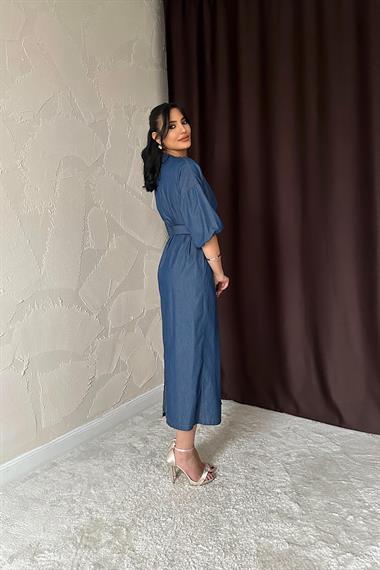 Toptan Mavi Tenzel Kuşaklı Elbise