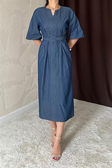 Toptan Mavi Tenzel Kuşaklı Elbise