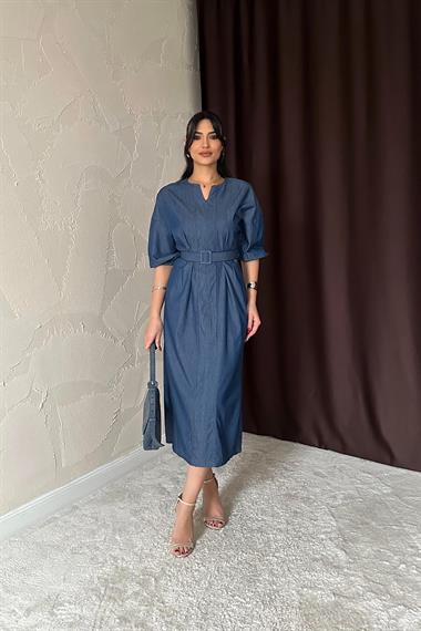 Toptan Mavi Tenzel Kuşaklı Elbise