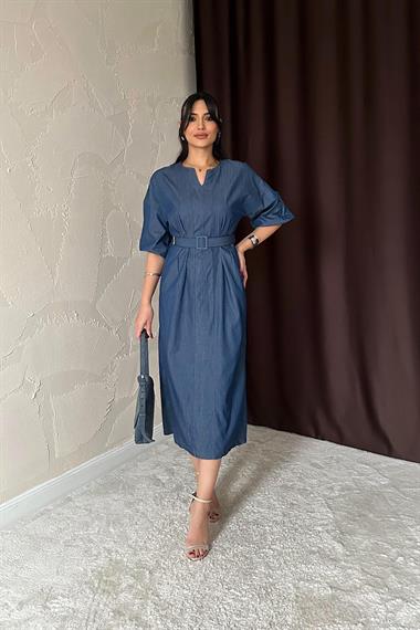 Toptan Mavi Tenzel Kuşaklı Elbise