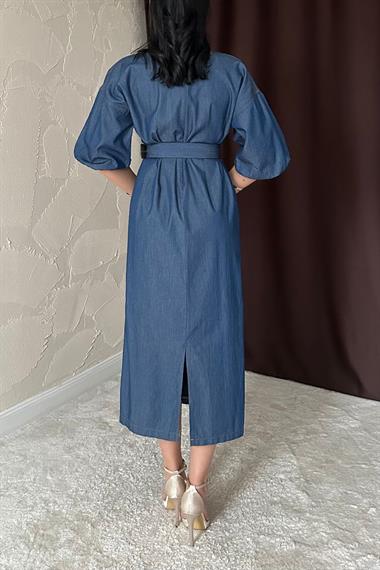 Toptan Mavi Tenzel Kuşaklı Elbise