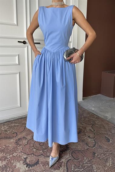 Toptan Mavi Uzun Büzgülü Elbise