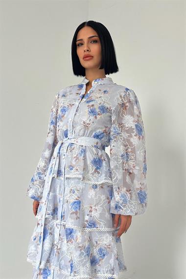 Toptan Mavi Valonlu Şeritli Kat Kat Elbise