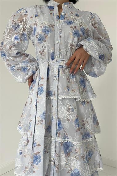 Toptan Mavi Valonlu Şeritli Kat Kat Elbise