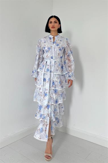 Toptan Mavi Valonlu Şeritli Kat Kat Elbise