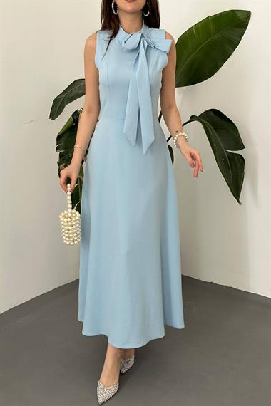Toptan MAVİ Yaka Fiyonklu Uzun Elbise