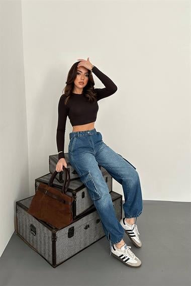 Toptan Mavi Yan Cepli Jeans Pantolon