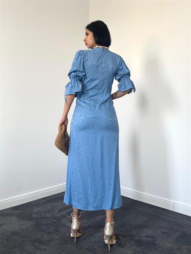 Toptan Mavi Yırtmaçlı Jakar Elbise