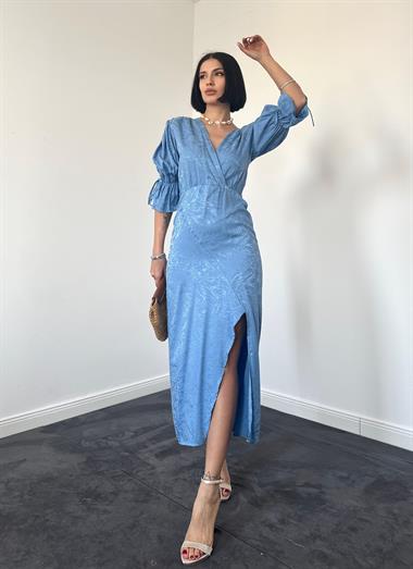 Toptan Mavi Yırtmaçlı Jakar Elbise