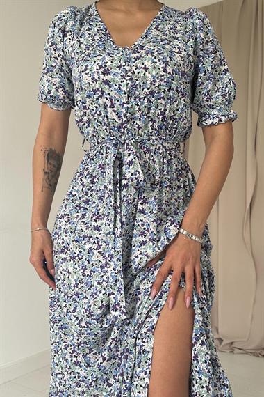 Toptan Mavi Yırtmaçlı ve Desenli Elbise