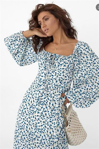 Toptan Mavi Yırtmaçlı Viskon Elbise