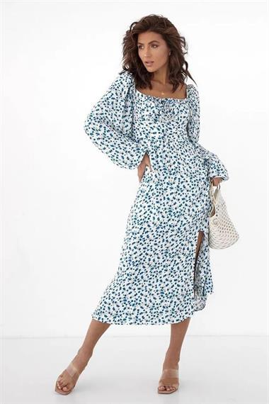 Toptan Mavi Yırtmaçlı Viskon Elbise