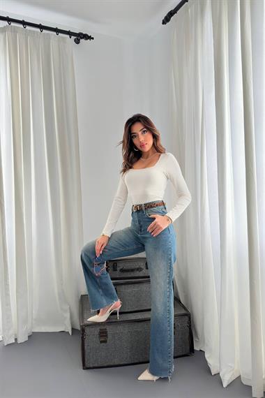 Toptan Mavi Yüksek Bel ve Geniş Paça Jeans Pantolon