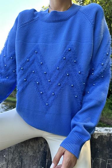 Toptan Mavi Zikzak Boncuklu Triko Kazak