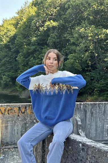 Toptan Mavi Zikzak Desenli Triko Kazak