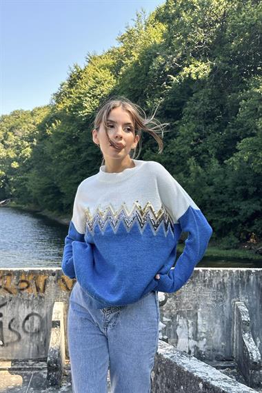 Toptan Mavi Zikzak Desenli Triko Kazak