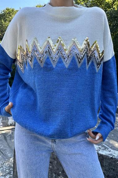 Toptan Mavi Zikzak Desenli Triko Kazak