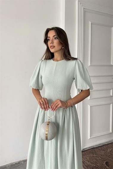 Toptan Mint Arkadan Bağlamalı Büzgülü Keten Elbise
