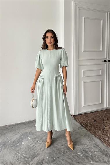 Toptan Mint Arkadan Bağlamalı Büzgülü Keten Elbise