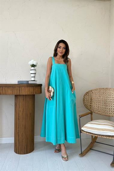 Toptan Mint Askılı Cepli Elbise