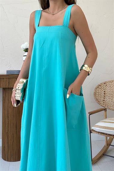 Toptan Mint Askılı Cepli Elbise