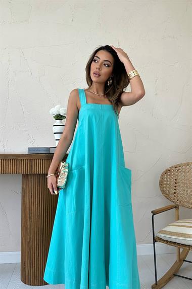 Toptan Mint Askılı Cepli Elbise