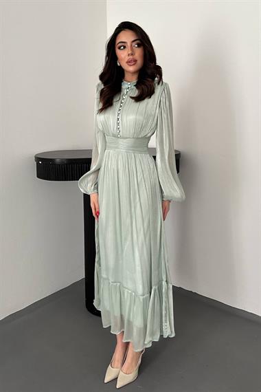 Toptan Mint Bel Büzgülü Elbise