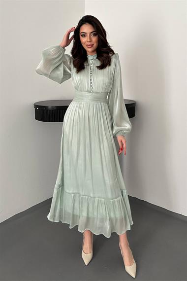 Toptan Mint Bel Büzgülü Elbise
