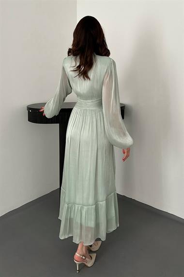 Toptan Mint Bel Büzgülü Elbise