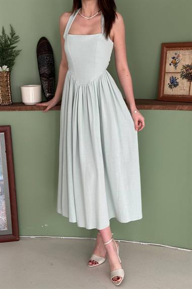 Toptan Mint Boyundan Bağlamalı Keten Elbise