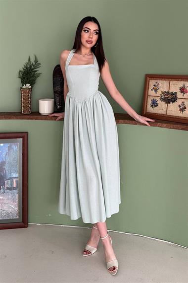 Toptan Mint Boyundan Bağlamalı Keten Elbise