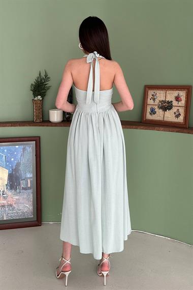 Toptan Mint Boyundan Bağlamalı Keten Elbise