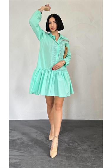 Toptan Mint Dantelli Gömlek Elbise