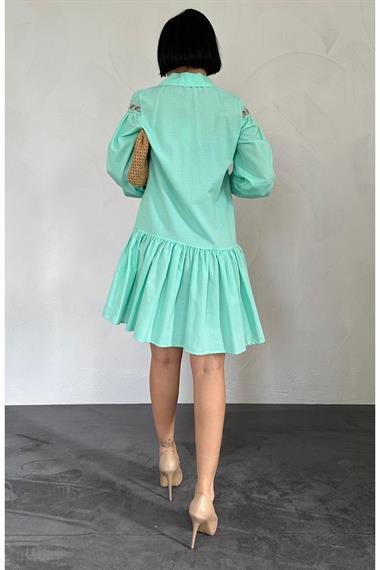 Toptan Mint Dantelli Gömlek Elbise