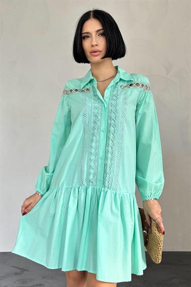 Toptan Mint Dantelli Gömlek Elbise