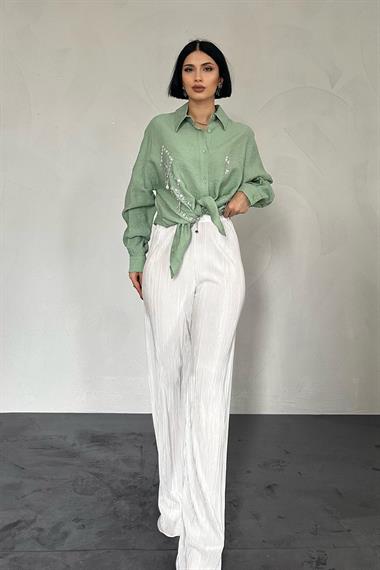 Toptan Mint Diamond Desen Taşlı Gömlek