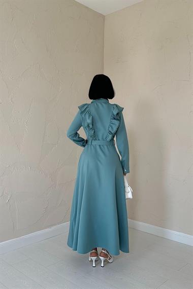 Toptan Mint Fırfırlı Dantelli Elbise