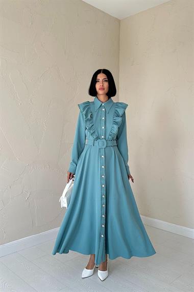 Toptan Mint Fırfırlı Dantelli Elbise