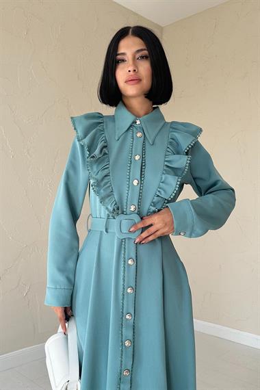 Toptan Mint Fırfırlı Dantelli Elbise