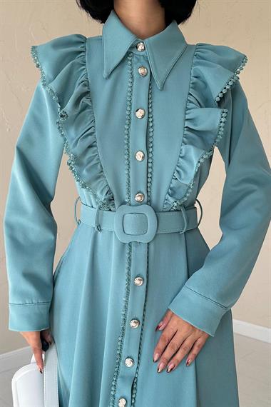 Toptan Mint Fırfırlı Dantelli Elbise