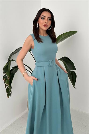 Toptan Mint Halter Yaka Kloş Elbise