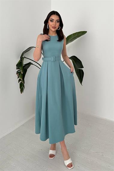 Toptan Mint Halter Yaka Kloş Elbise