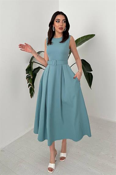 Toptan Mint Halter Yaka Kloş Elbise