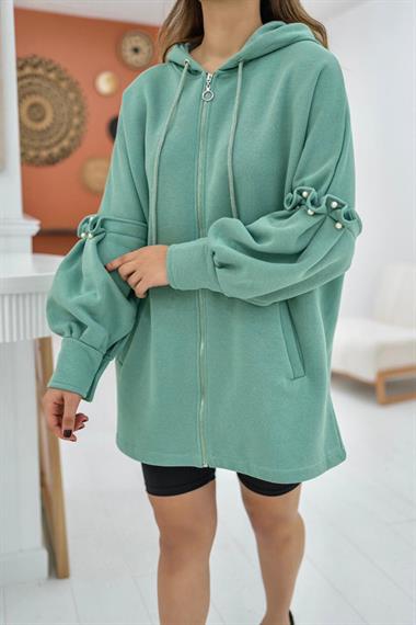 Wholesale Mint Pearl Detailed and Hooded Cardigan