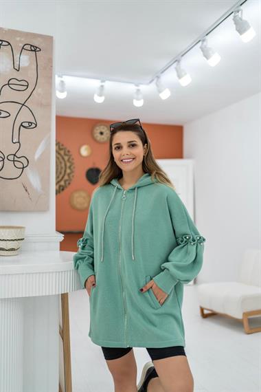 Wholesale Mint Pearl Detailed and Hooded Cardigan