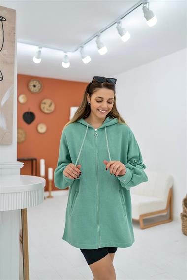 Wholesale Mint Pearl Detailed and Hooded Cardigan