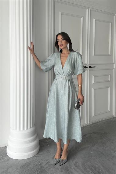 Toptan Mint Işıltılı Kemerli Kruvaze Elbise