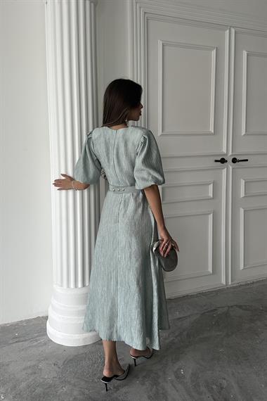 Toptan Mint Işıltılı Kemerli Kruvaze Elbise