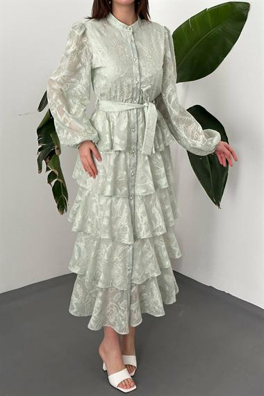 Toptan MİNT Kat Kat Jakarlı Elbise