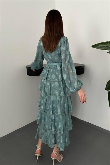 Toptan Mint Kat Kat Volanlı Elbise